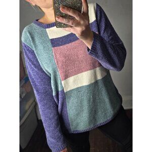 Vintage 90s Colorblock Pastel Chenille Sweater Fuzzy Soft Cozy